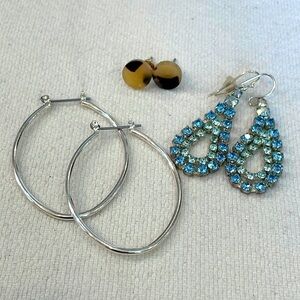 3 pair teardrop hoop silver round disc blue rhinestone earrings lot bundle